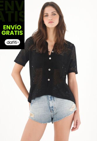 Tennis Camisa En Tejido Abierto Con Flores Negra Para Mujer Tennis