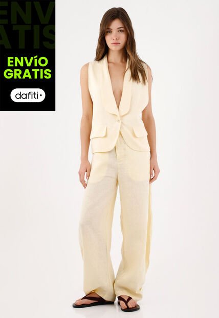 Tennis Chaleco Fit Relajado Con Solapa Amplia En Lino Beige Para Mujer