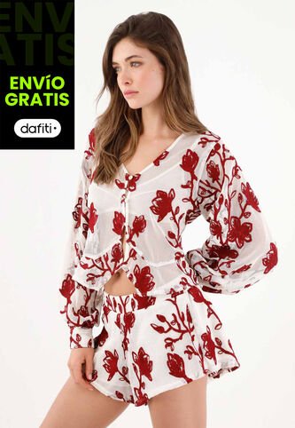 Tennis Camisa Fit Relajado Con Malla Floral En Poliéster Blanco Con Flores Rojas Para Mujer Tennis