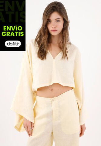 Tennis Camisa Fit Relajado Con Mangas Kimono En Lino Amarillo Pastel Para Mujer Tennis
