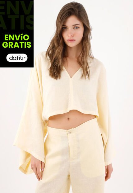 Tennis Camisa Fit Relajado Con Mangas Kimono En Lino Amarillo Pastel Para Mujer