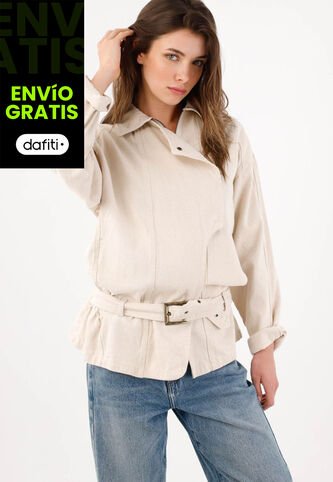 Tennis Cazadora Fit Relajado Con Cinturón De Algodón Beige Para Mujer Tennis