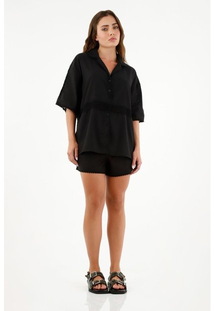 Tennis Camisa Manga Corta Negra Para Mujer