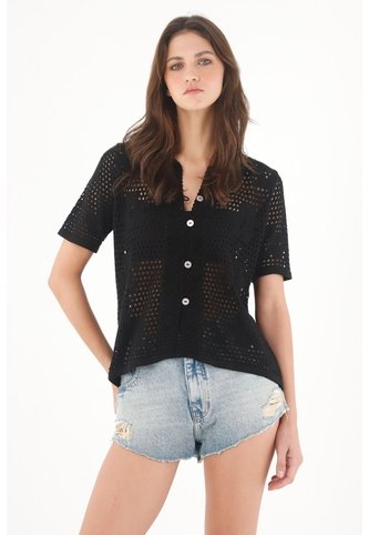 Tennis Camisa En Tejido Abierto Con Flores Negra Para Mujer Tennis