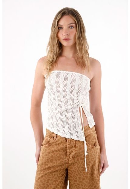 Camiseta Strapless En Tela Tejida Crudo Para Mujer