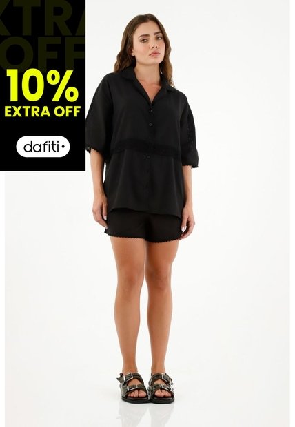 Tennis Camisa Manga Corta Negra Para Mujer