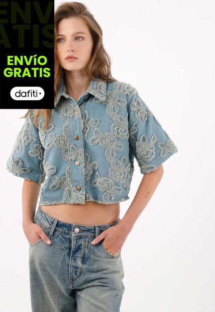 Tennis Camisa Boxy Crop Con Apliques Florales En Algodón Azul Para Mujer