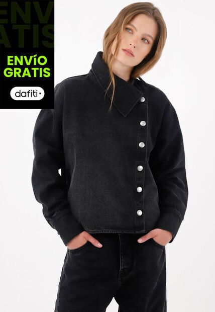Tennis Chaqueta Boxy Con Cierre Asimétrico De Botones Metálicos En Algodón Negro Para Mujer