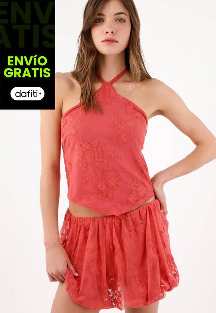 Tennis Top Halter Holgado Con Escote Cruzado En Poliamida Coral Para Mujer