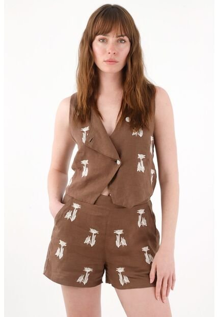 Tennis Short En 100% Lino Con Bordados Café Para Mujer