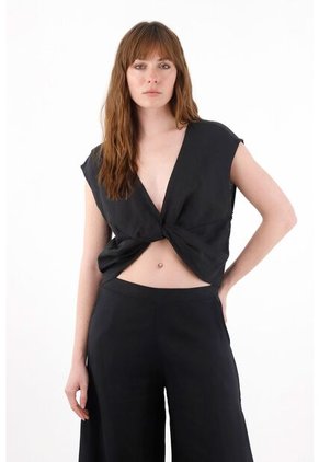 Tennis Camisa Amplia En Lino 100% Negra Para Mujer