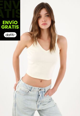 Tennis Top Slim Crop Con Escote V En Algodón Crema Para Mujer Tennis
