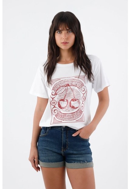 Tennis Camiseta Mujer Algodón Blanco Fit Relajado Con Cerezas