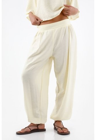 Tennis Pantalón Para Mujer De Viscosa Marfil Fit Relajado Con Textura Crinkle Tennis