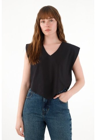 Tennis Camisa Manga Sisa Escote En V Negra Para Mujer Tennis