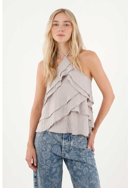 Tennis Camisa Con Boleros Y Detalles De Brillo Gris Para Mujer