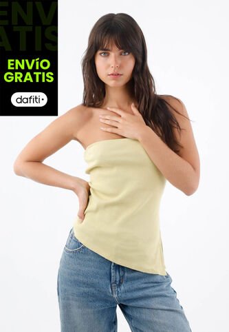 Tennis Top Strapless Para Mujer De Algodón Amarillo Pastel Fit Ceñido Con Tejido Acanalado Tennis