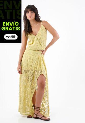 Tennis Top De Tiras Para Mujer En Encaje De Algodón Amarillo Fit Relajado Con Escote Cruzado Tennis