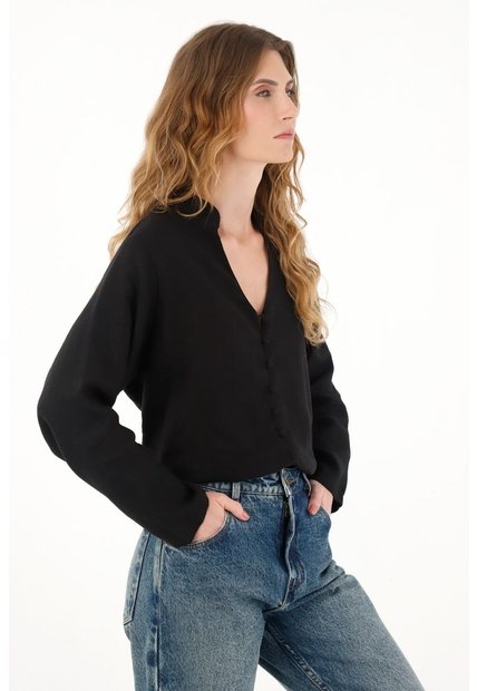 Tennis Camisa Negra Cuello Neru En 100% Lino Para Mujer
