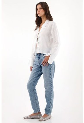 Tennis Camisa En 100% Lino Con Tiras Que Anudan En Frente Blanca Para Mujer