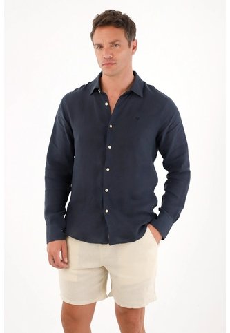 Tennis Camisa En 100% Lino Manga Larga Azul Con Acabado Mate Para Hombre Tennis