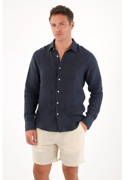 Tennis Camisa En 100% Lino Manga Larga Azul Con Acabado Mate Para Hombre
