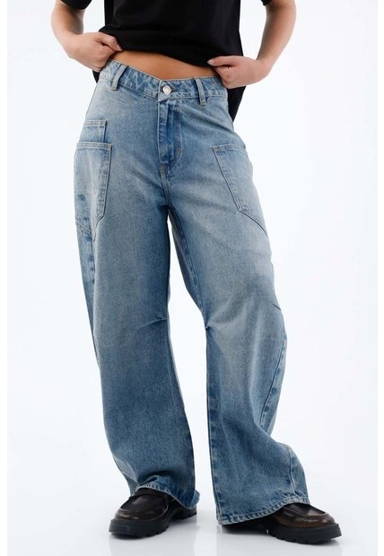 Tennis Jean Para Mujer En Algodón Azul Medio Fit Horseshoe Con Bolsillos De Parche