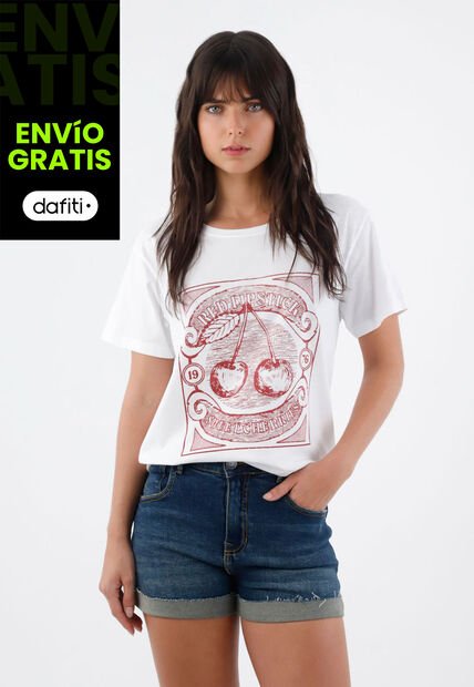 Tennis Camiseta Mujer Algodón Blanco Fit Relajado Con Cerezas