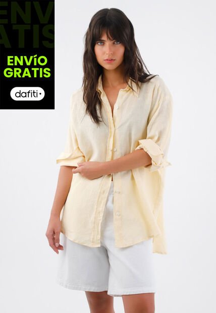 Tennis Camisa Para Mujer En Lino Amarillo Oversize Manga Larga