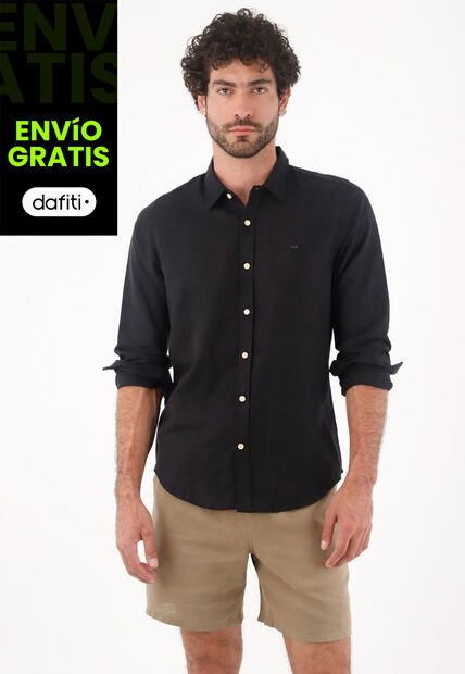 Tennis Camisa Para Hombre Lino Negro Corte Regular Con Botones Claros
