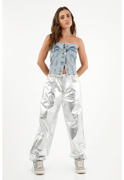Pantalón Efecto Metalizado Gris Para Mujer
