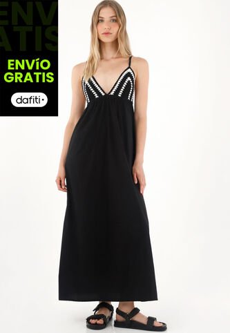 Tennis Vestido Largo Con Diseño De Copas En Crochet Negro Para Mujer Tennis