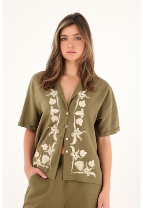 Camisa Tipo Bowling Con Detalles Imitación Bordado Para Mujer