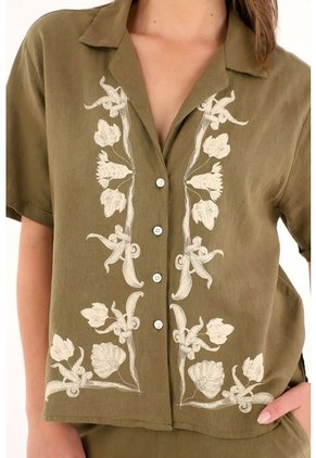 Camisa Tipo Bowling Con Detalles Imitación Bordado Para Mujer