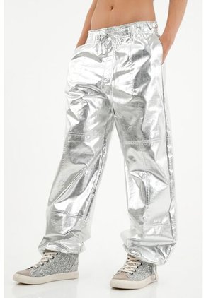 Pantalón Efecto Metalizado Gris Para Mujer