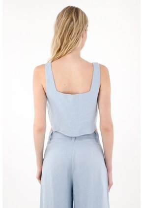 Tennis Chaleco En 100% Lino Crop Azul Para Mujer