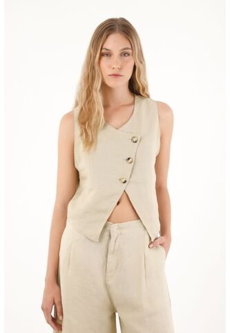 Chaleco En 100% Lino Con Escote Curvo Café Para Mujer Tennis