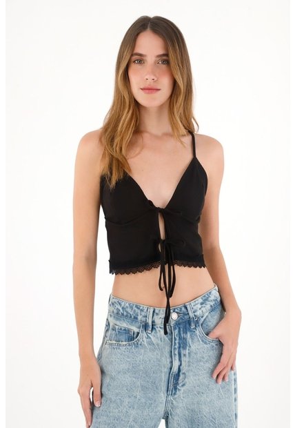 Tennis Crop En Rib Con Detalle De Encaje En El Ruedo Negro Para Mujer