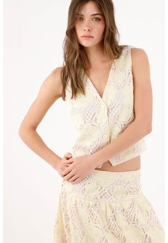 Tennis Chaleco Corto Con Encaje Floral Calado En Algodón Amarillo Pastel Para Mujer Tennis