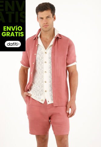 Camisa Manga Corta En 100% Lino Naranja Para Hombre Tennis