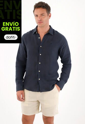 Tennis Camisa En 100% Lino Manga Larga Azul Para Hombre Tennis