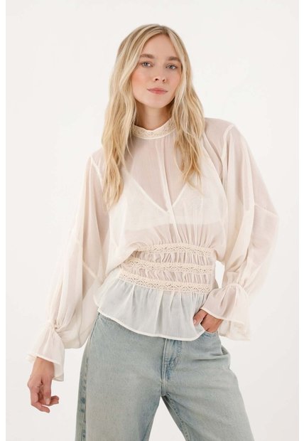 Tennis Camisa Cuello Alto Con Detalles De Bolillo Para Mujer