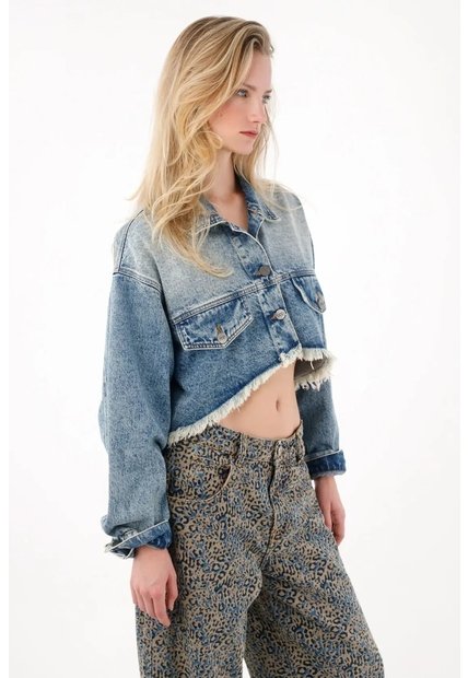 Tennis Chaqueta Crop Con Ruedo Al Corte En Denim Para Mujer