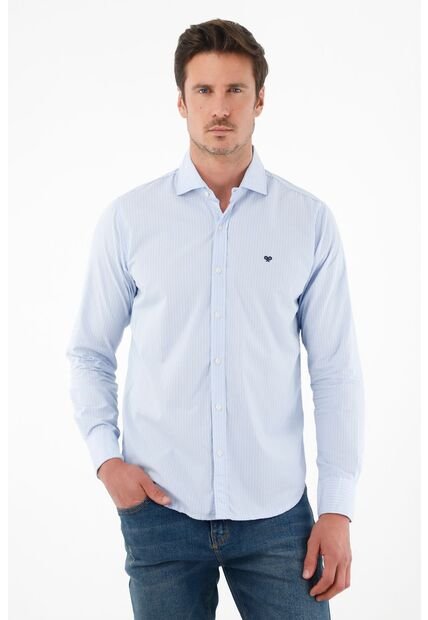 Camisa En Popelina Manga Larga Azul Para Hombre