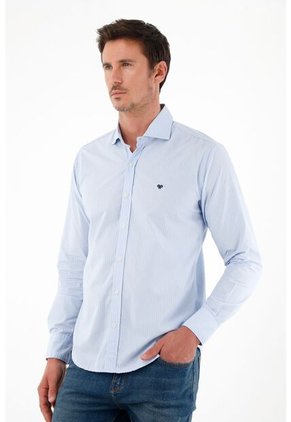 Camisa En Popelina Manga Larga Azul Para Hombre