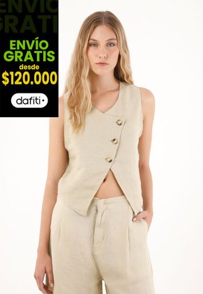 Chaleco En 100% Lino Con Escote Curvo Café Para Mujer