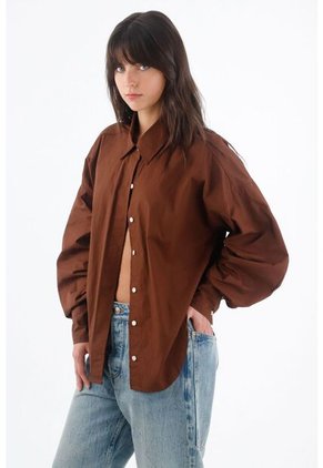 Tennis Camisa Para Mujer Algodón Marrón Corte Holgado Con Mangas Abullonadas