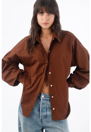 Tennis Camisa Para Mujer Algodón Marrón Corte Holgado Con Mangas Abullonadas