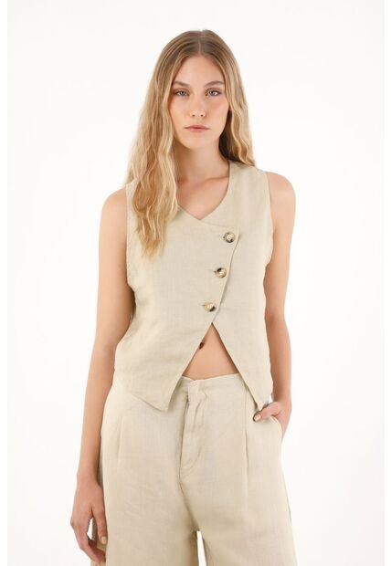 Chaleco En 100% Lino Con Escote Curvo Café Para Mujer
