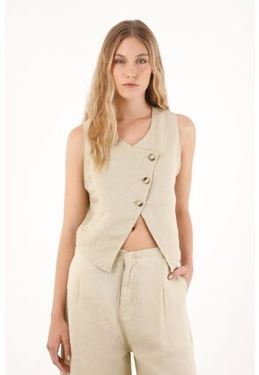 Chaleco En 100% Lino Con Escote Curvo Café Para Mujer